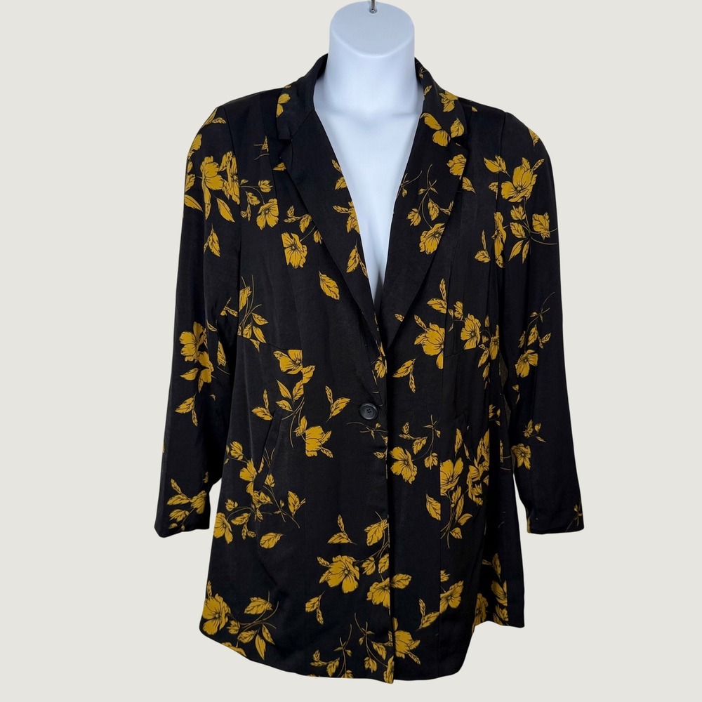 New Torrid Drape Challis Long Blazer Black Yellow Floral Size 0 L 12 Fall Office
